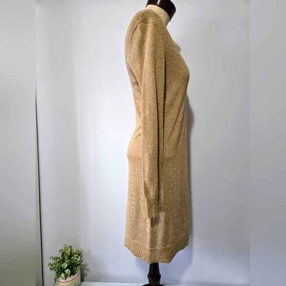 Michael Kors Lightweight Metallic Gold Knit V Neck Midi Dress. Size Small - Picture 6 of 13
